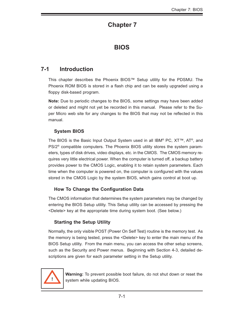 Chapter 7 bios, 1 introduction | SUPER MICRO Computer 5015M-U User Manual | Page 71 / 134