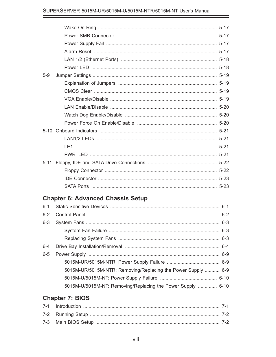 Chapter 6: advanced chassis setup, Chapter 7: bios | SUPER MICRO Computer 5015M-U User Manual | Page 8 / 134