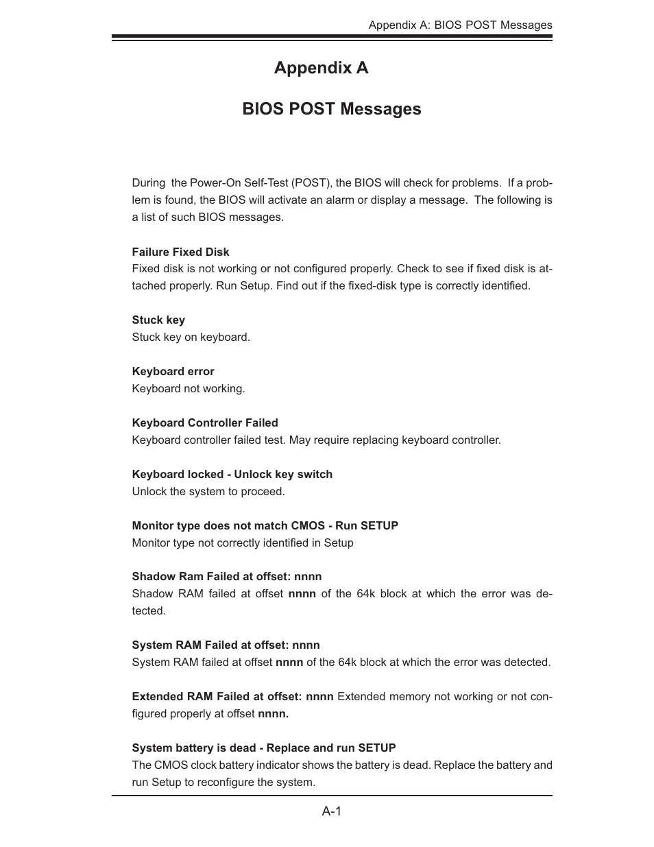 Appendix a bios post messages | SUPER MICRO Computer 5015M-U User Manual | Page 89 / 134