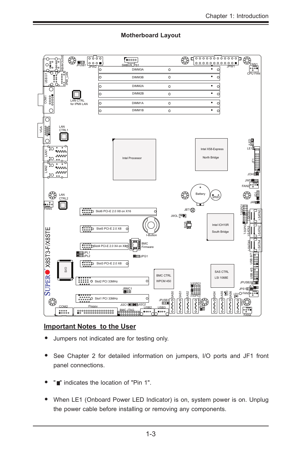 Chapter 1: introduction, Motherboard layout, Jumpers not indicated are for testing only | Indicates the location of "pin 1, X8st3-f/x8ste | SUPER MICRO Computer SUPER X8STE User Manual | Page 11 / 105