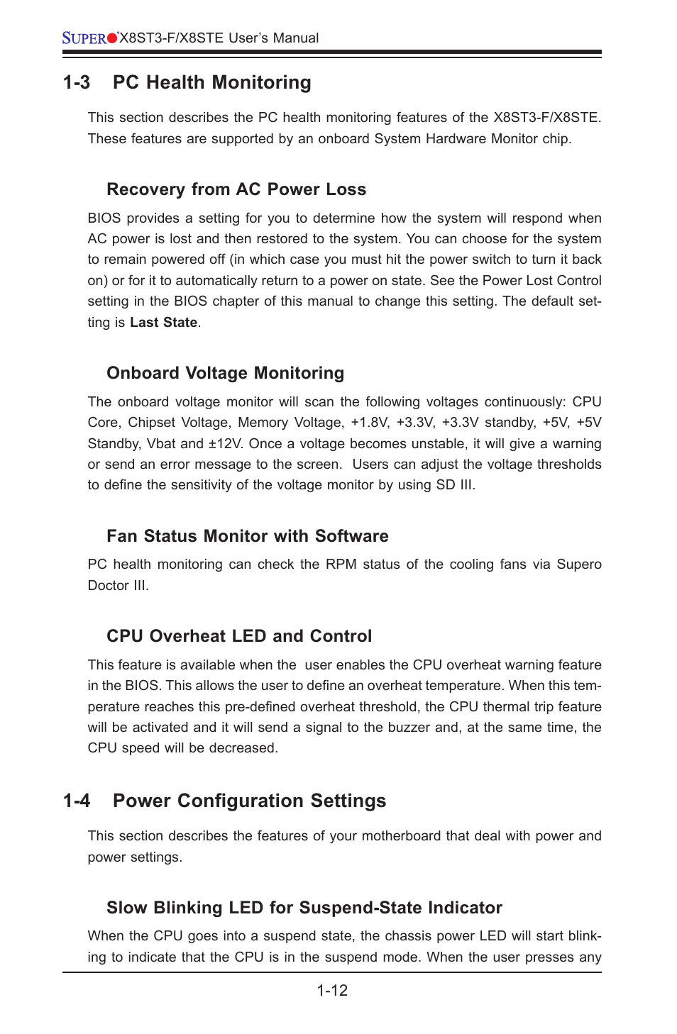 3 pc health monitoring, 4 power configuration settings | SUPER MICRO Computer SUPER X8STE User Manual | Page 20 / 105