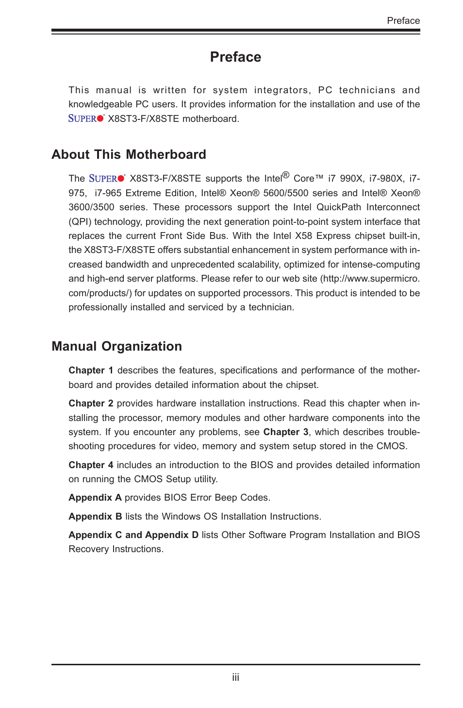 Preface, About this motherboard, Manual organization | SUPER MICRO Computer SUPER X8STE User Manual | Page 3 / 105