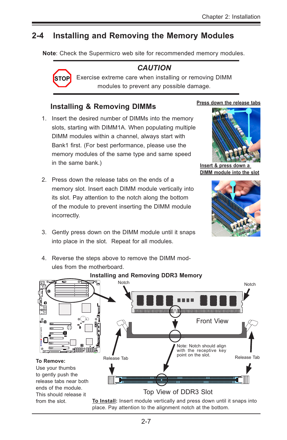 Caution, Installing & removing dimms, Top view of ddr3 slot | Front view | SUPER MICRO Computer SUPER X8STE User Manual | Page 31 / 105