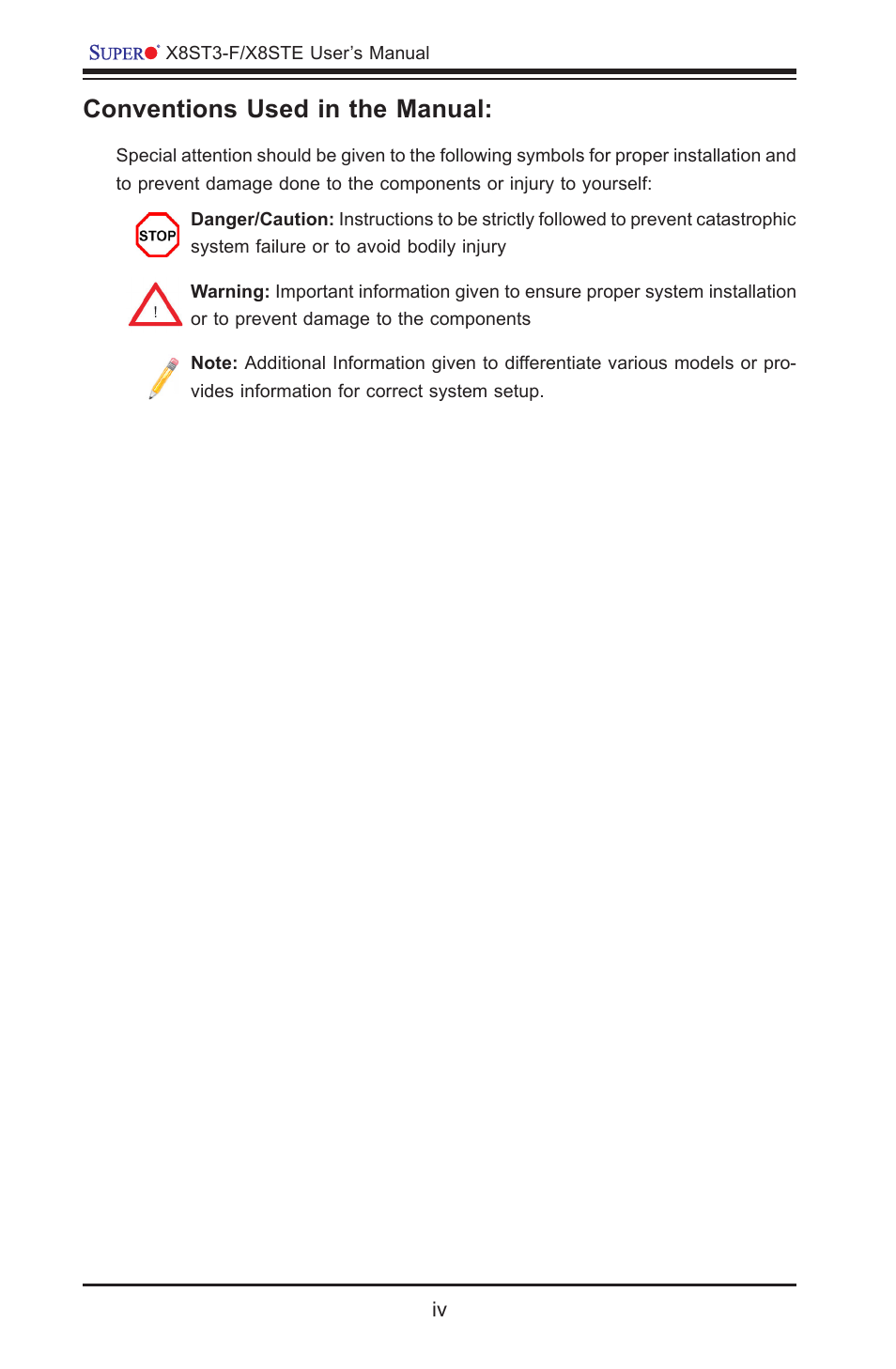 Conventions used in the manual | SUPER MICRO Computer SUPER X8STE User Manual | Page 4 / 105