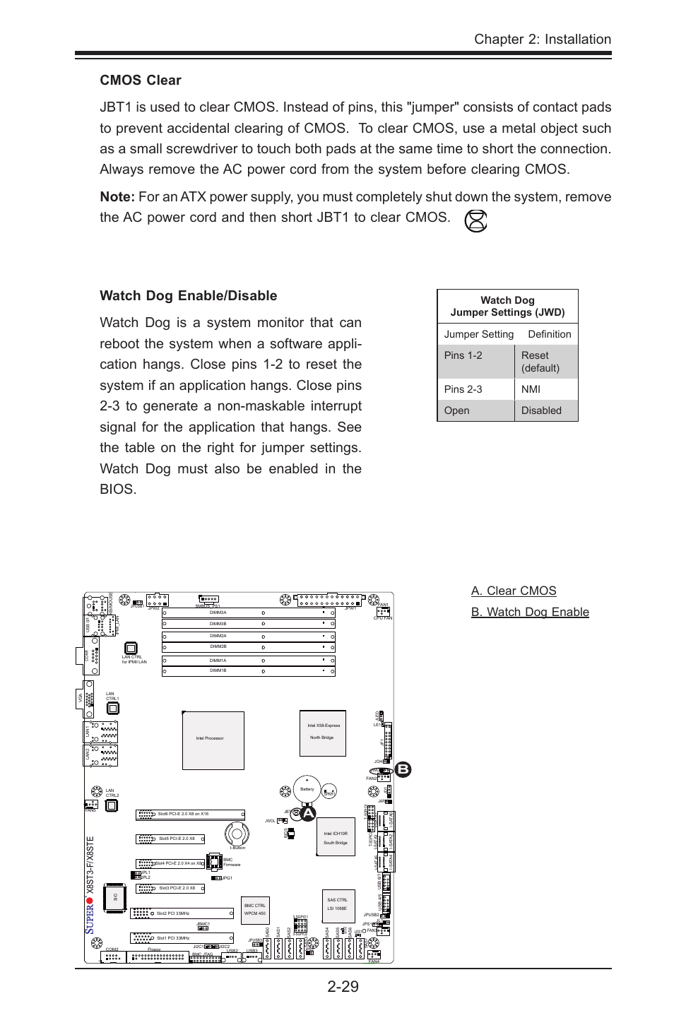 Chapter 2: installation, Aa. clear cmos b. watch dog enable, X8st3-f/x8ste | SUPER MICRO Computer SUPER X8STE User Manual | Page 53 / 105