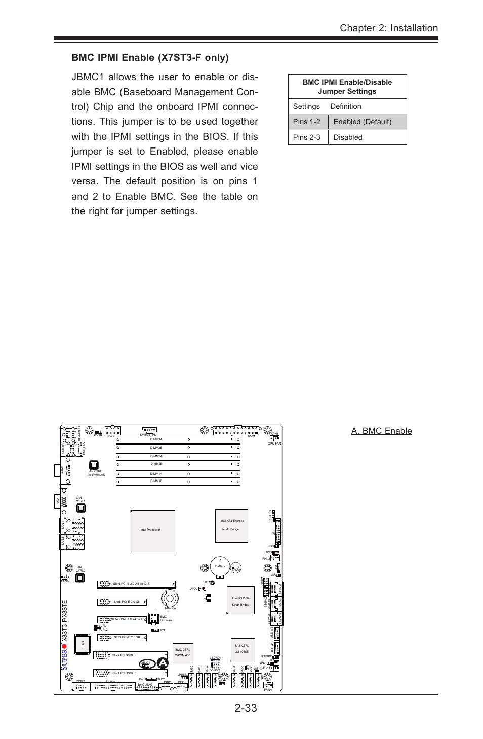Chapter 2: installation, Aa. bmc enable, X8st3-f/x8ste | SUPER MICRO Computer SUPER X8STE User Manual | Page 57 / 105