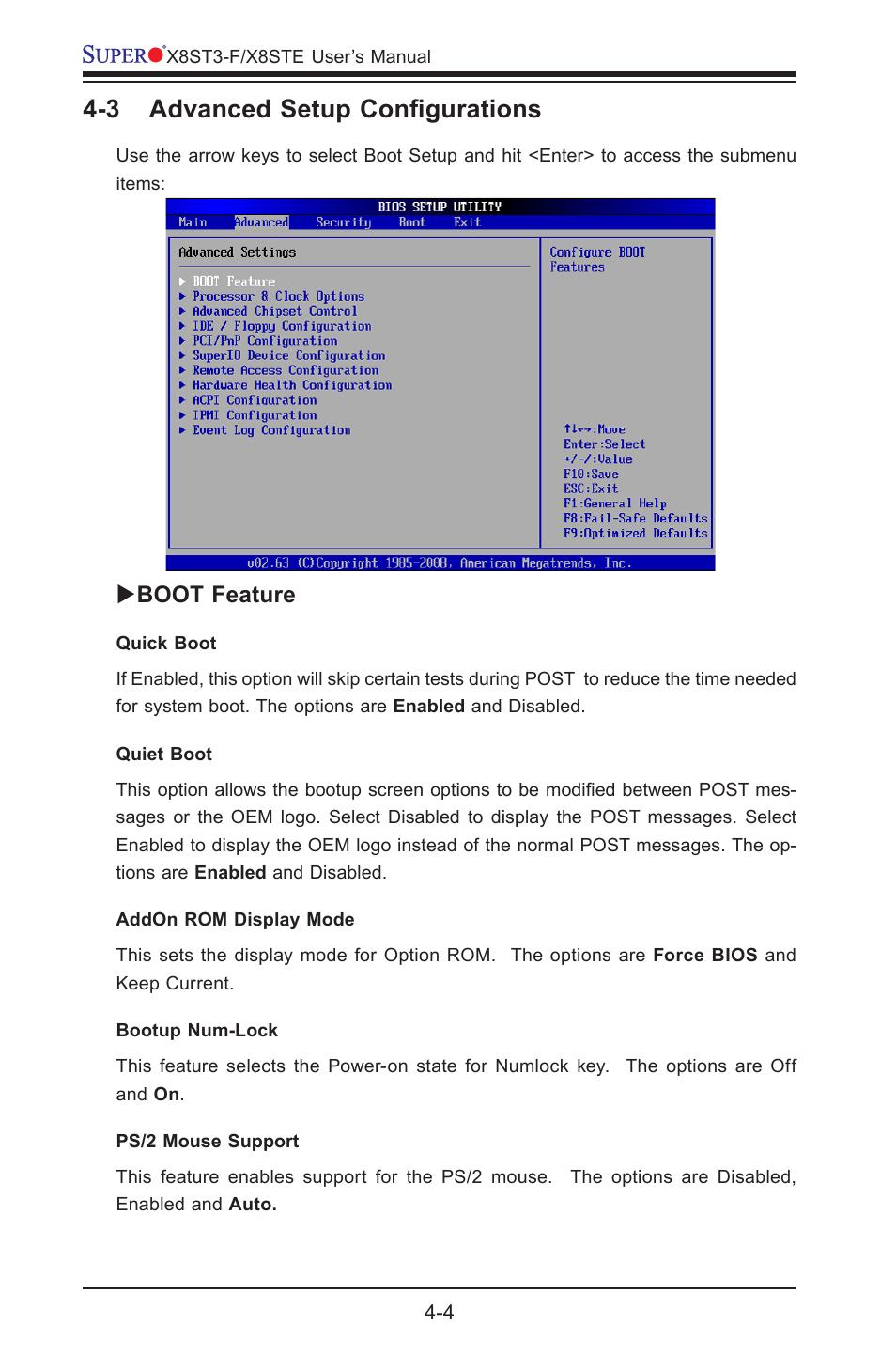 3 advanced setup configurations, Boot feature | SUPER MICRO Computer SUPER X8STE User Manual | Page 72 / 105
