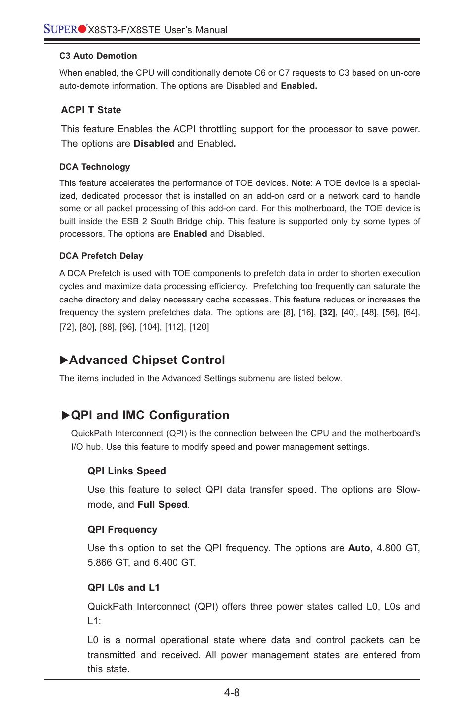 Advanced chipset control, Qpi and imc configuration | SUPER MICRO Computer SUPER X8STE User Manual | Page 76 / 105