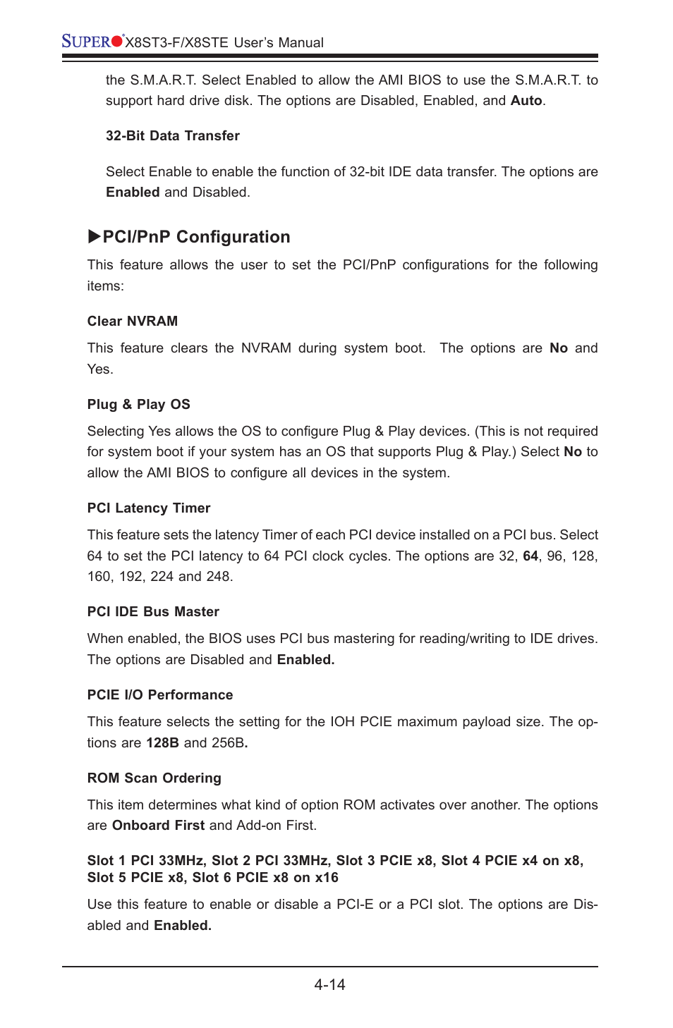 Pci/pnp configuration | SUPER MICRO Computer SUPER X8STE User Manual | Page 82 / 105