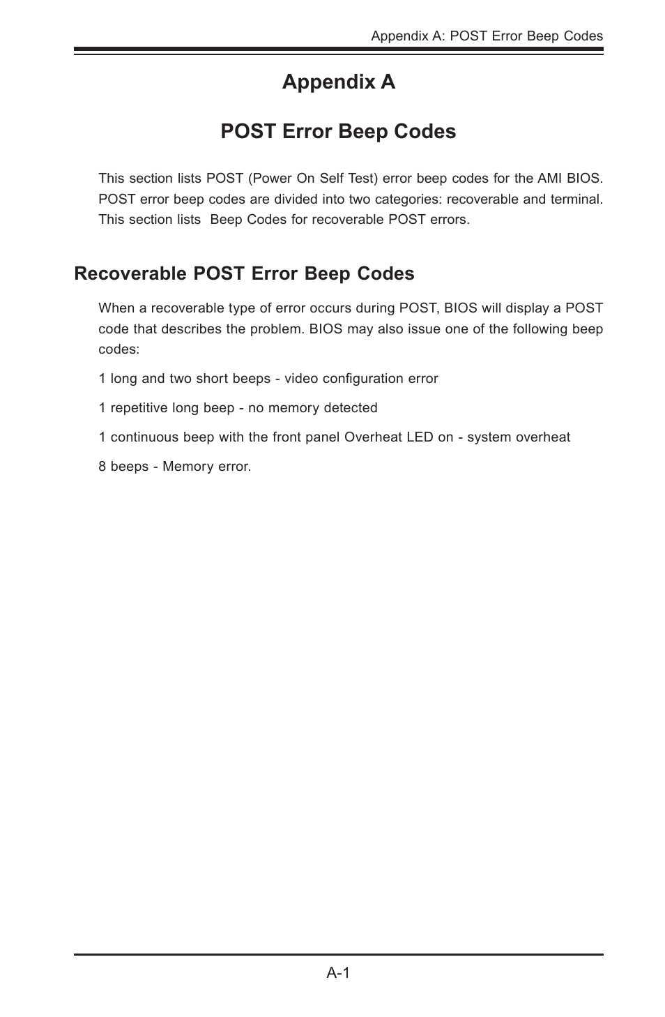 Appendix a post error beep codes, Recoverable post error beep codes | SUPER MICRO Computer SUPER X8STE User Manual | Page 95 / 105