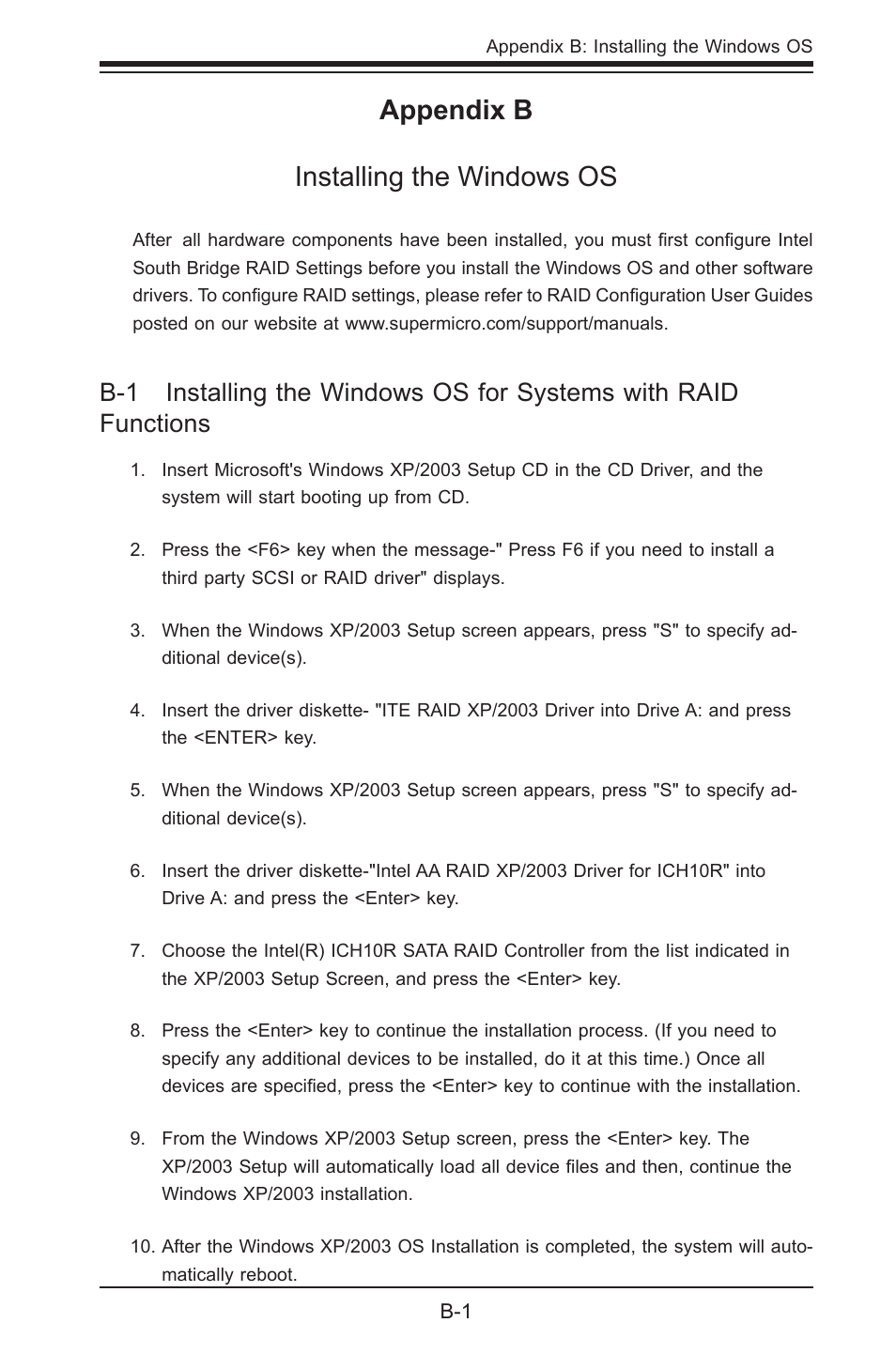 Appendix b installing the windows os | SUPER MICRO Computer SUPER X8STE User Manual | Page 97 / 105