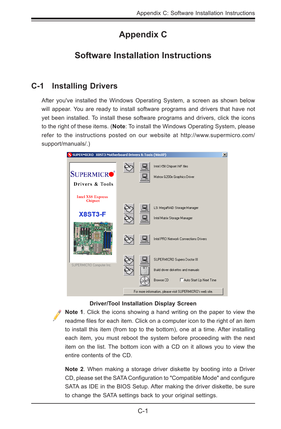 Appendix c software installation instructions, C-1 installing drivers | SUPER MICRO Computer SUPER X8STE User Manual | Page 99 / 105