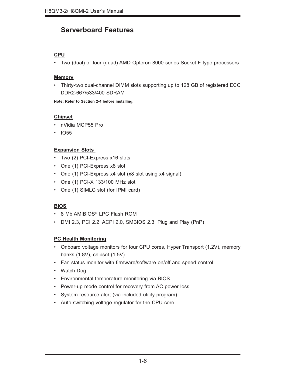 Serverboard features | SUPER MICRO Computer H8QMI-2 User Manual | Page 12 / 74