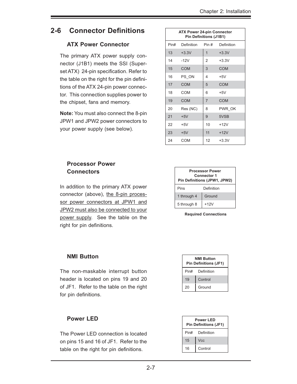 6 connector deﬁ nitions, Atx power connector, Processor power connectors | Nmi button, Power led | SUPER MICRO Computer H8QMI-2 User Manual | Page 25 / 74