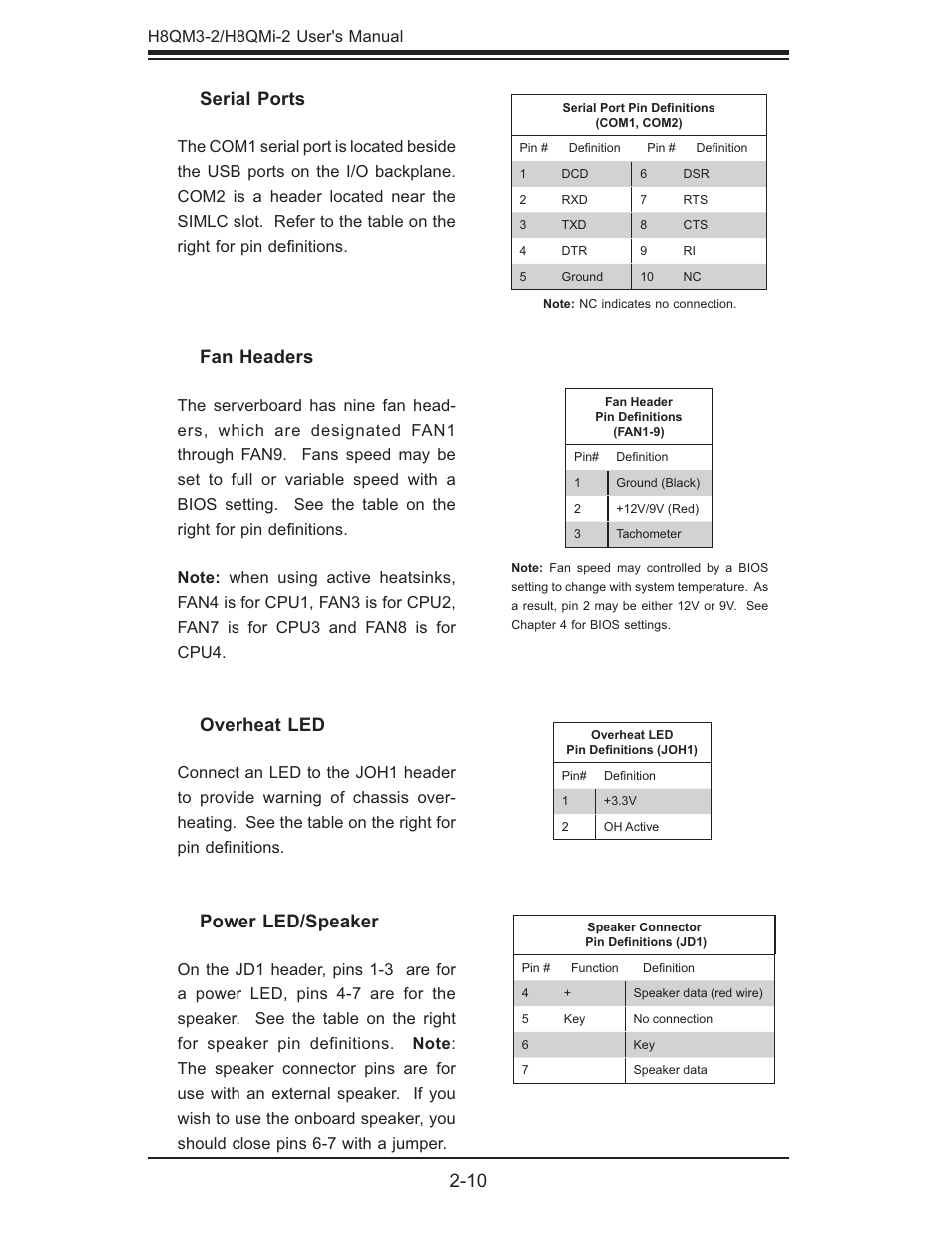 Fan headers, Serial ports, Overheat led | Power led/speaker | SUPER MICRO Computer H8QMI-2 User Manual | Page 28 / 74
