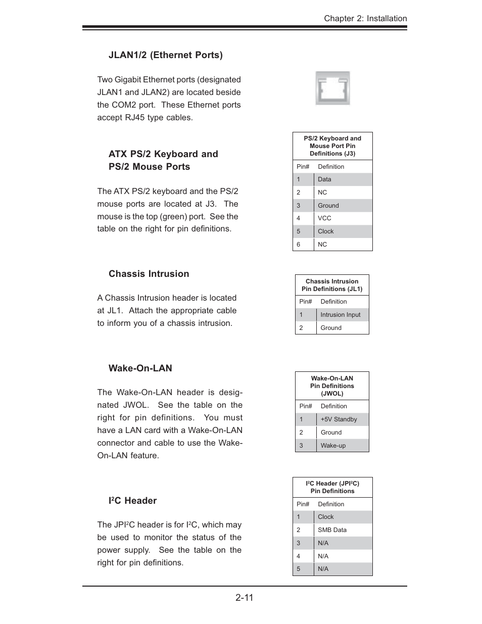 11 atx ps/2 keyboard and ps/2 mouse ports, Chassis intrusion, Wake-on-lan | Jlan1/2 (ethernet ports), C header | SUPER MICRO Computer H8QMI-2 User Manual | Page 29 / 74