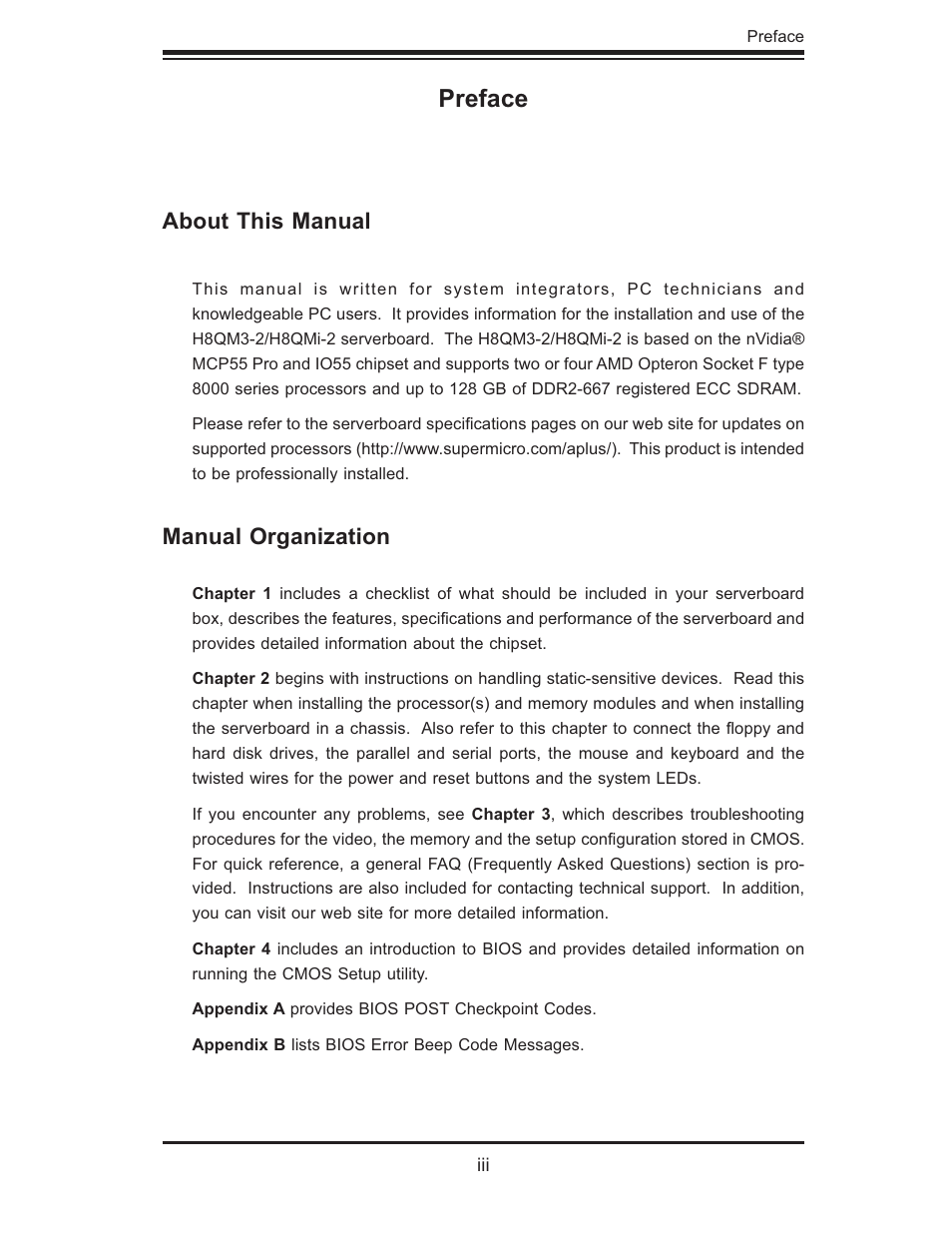 Preface, About this manual, Manual organization | SUPER MICRO Computer H8QMI-2 User Manual | Page 3 / 74