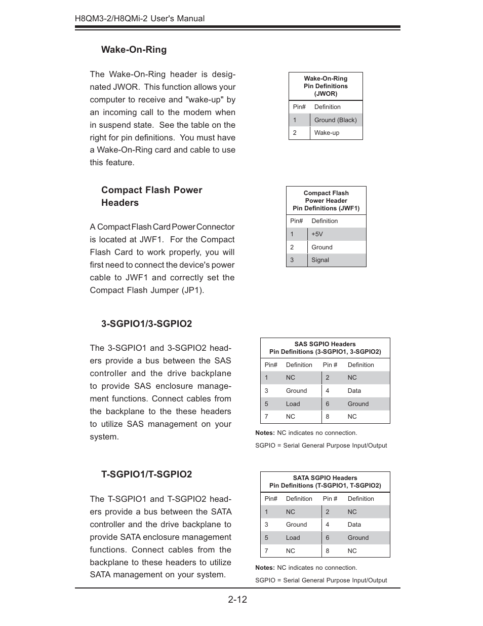 Wake-on-ring, Compact flash power headers, Sgpio1/3-sgpio2 | T-sgpio1/t-sgpio2 | SUPER MICRO Computer H8QMI-2 User Manual | Page 30 / 74