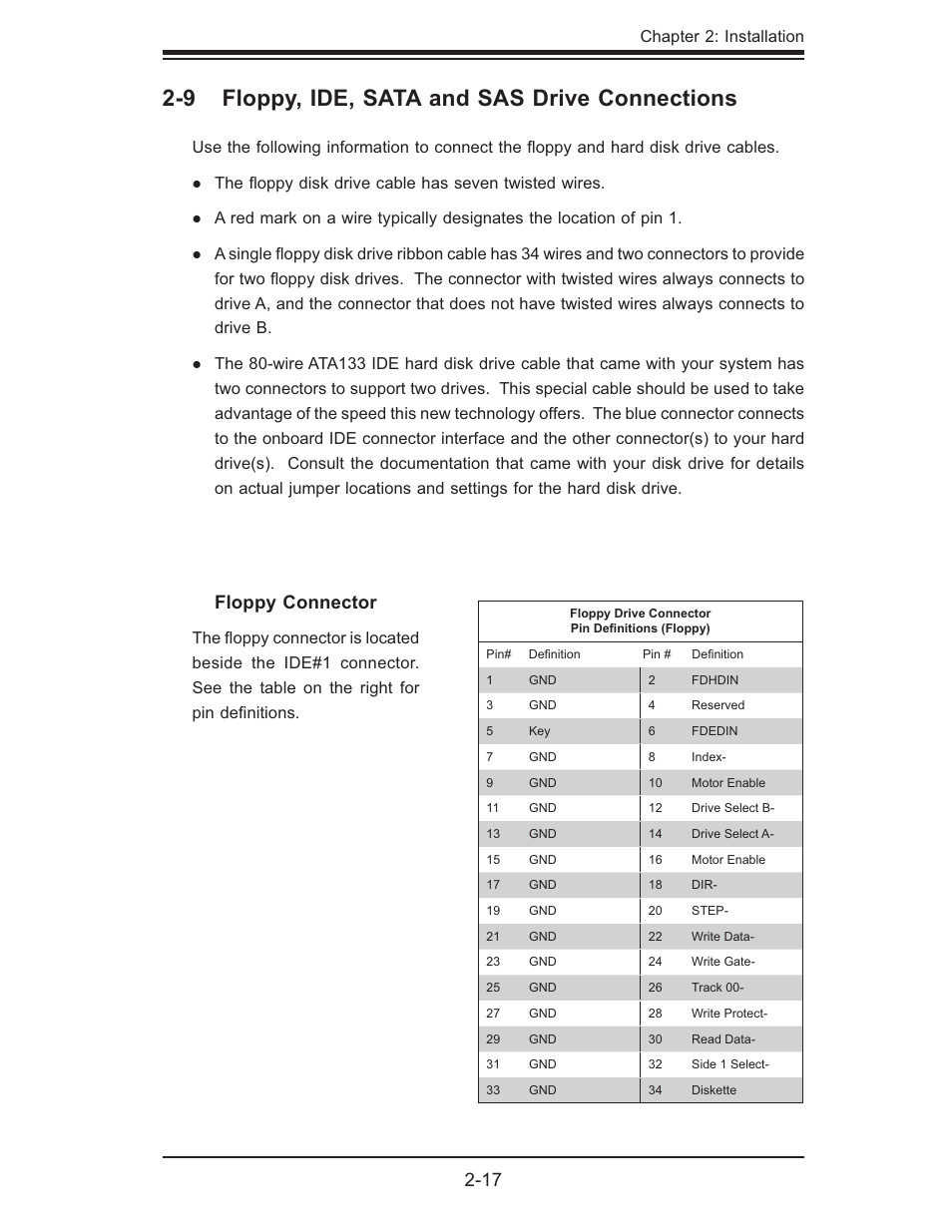9 floppy, ide, sata and sas drive connections, Floppy connector | SUPER MICRO Computer H8QMI-2 User Manual | Page 35 / 74