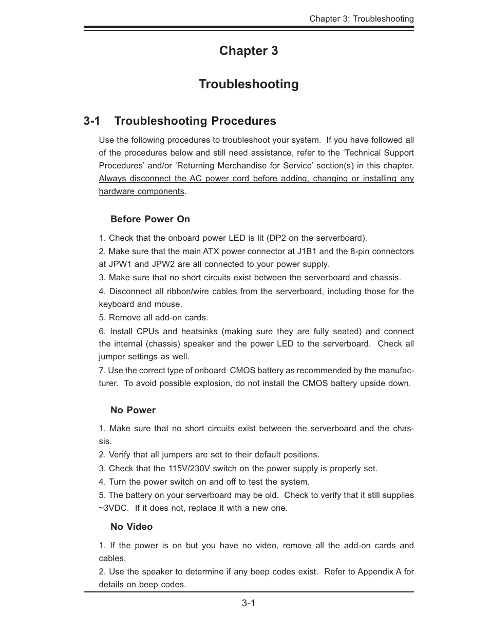 Chapter 3 troubleshooting, 1 troubleshooting procedures | SUPER MICRO Computer H8QMI-2 User Manual | Page 43 / 74