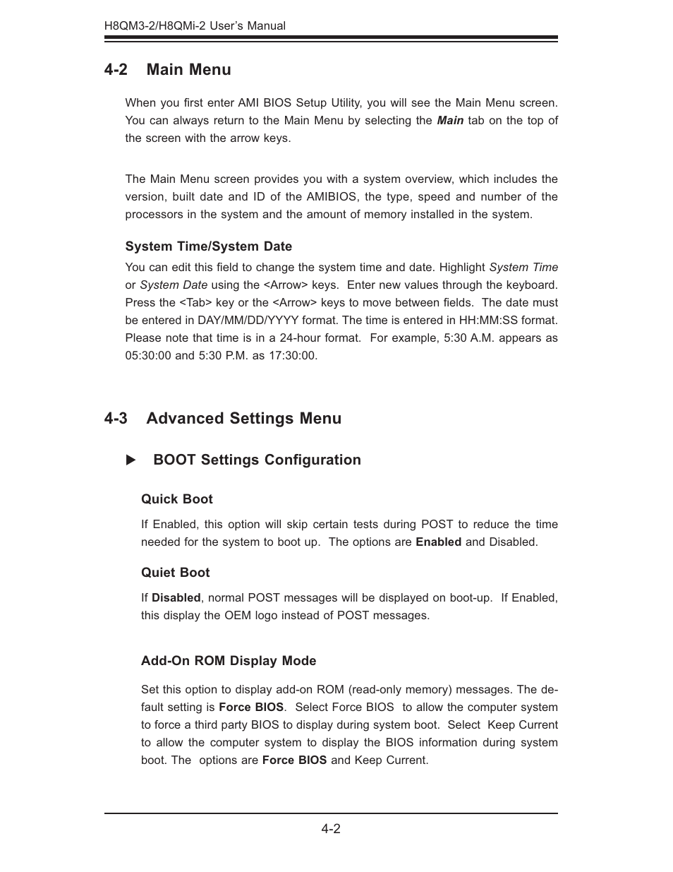 2 main menu, 3 advanced settings menu | SUPER MICRO Computer H8QMI-2 User Manual | Page 48 / 74