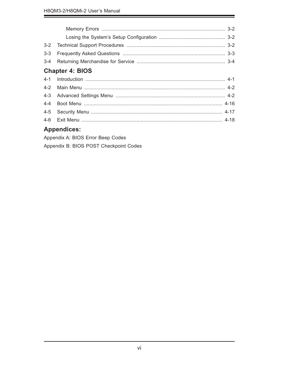 Chapter 4: bios, Appendices | SUPER MICRO Computer H8QMI-2 User Manual | Page 6 / 74