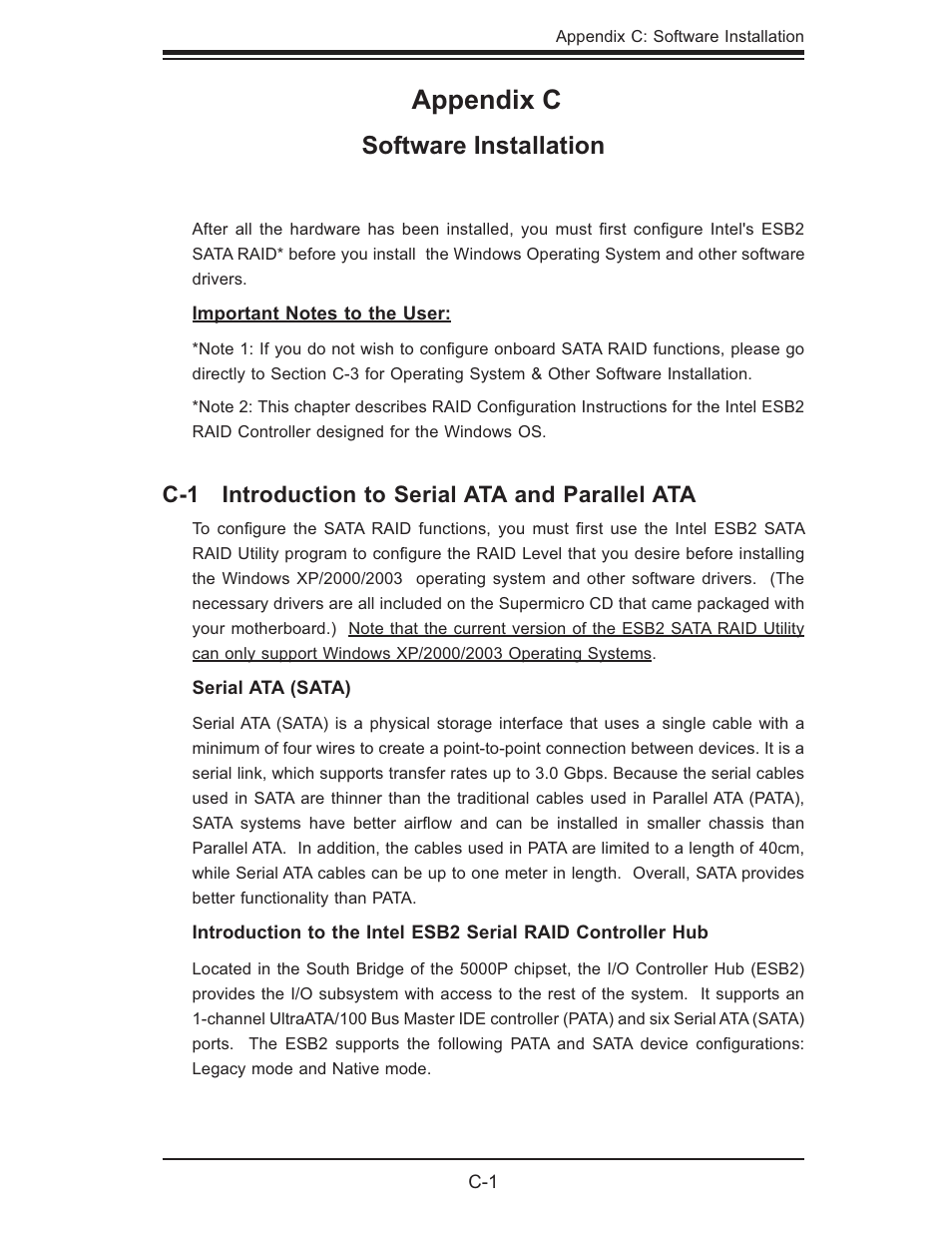 Appendix c, Software installation, C-1 introduction to serial ata and parallel ata | SUPER MICRO Computer SUPERSERVER 6015B-T User Manual | Page 111 / 124