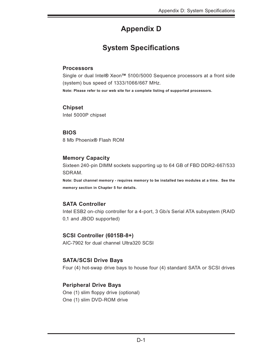 Appendix d system speciﬁ cations | SUPER MICRO Computer SUPERSERVER 6015B-T User Manual | Page 121 / 124