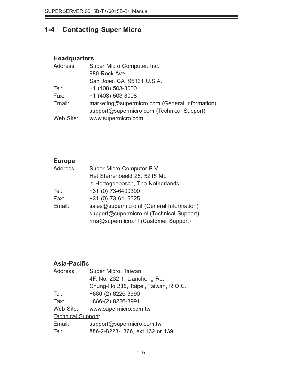 4 contacting super micro | SUPER MICRO Computer SUPERSERVER 6015B-T User Manual | Page 16 / 124