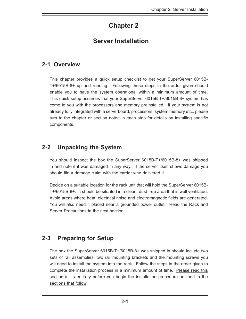 Chapter 2 server installation | SUPER MICRO Computer SUPERSERVER 6015B-T User Manual | Page 17 / 124