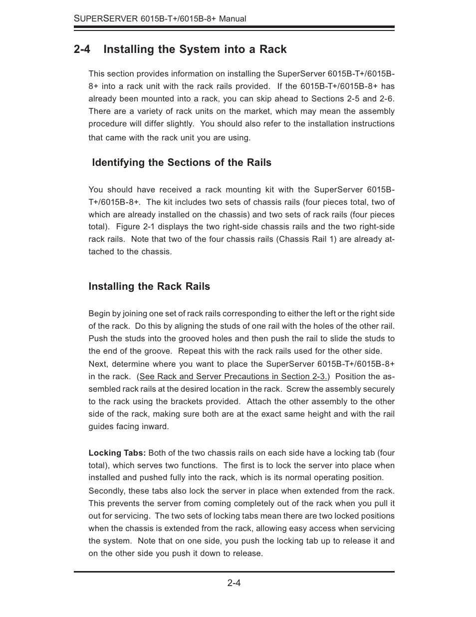 4 installing the system into a rack, Installing the rack rails | SUPER MICRO Computer SUPERSERVER 6015B-T User Manual | Page 20 / 124