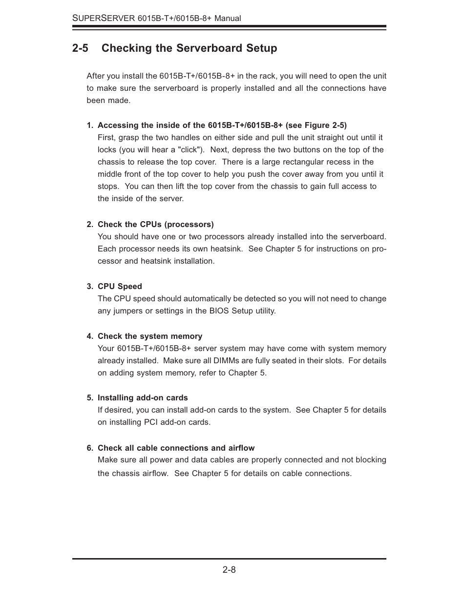 5 checking the serverboard setup | SUPER MICRO Computer SUPERSERVER 6015B-T User Manual | Page 24 / 124