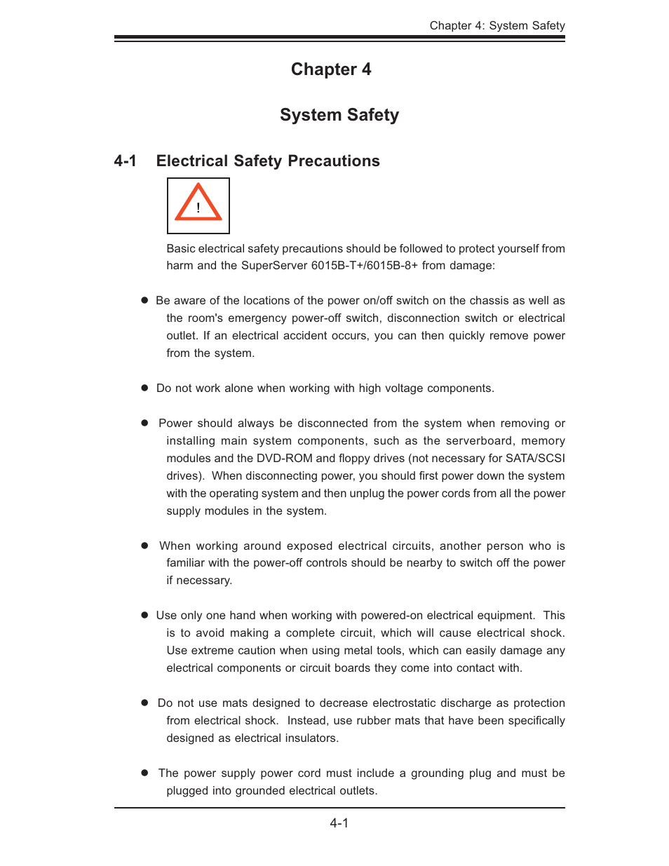 Chapter 4 system safety | SUPER MICRO Computer SUPERSERVER 6015B-T User Manual | Page 31 / 124