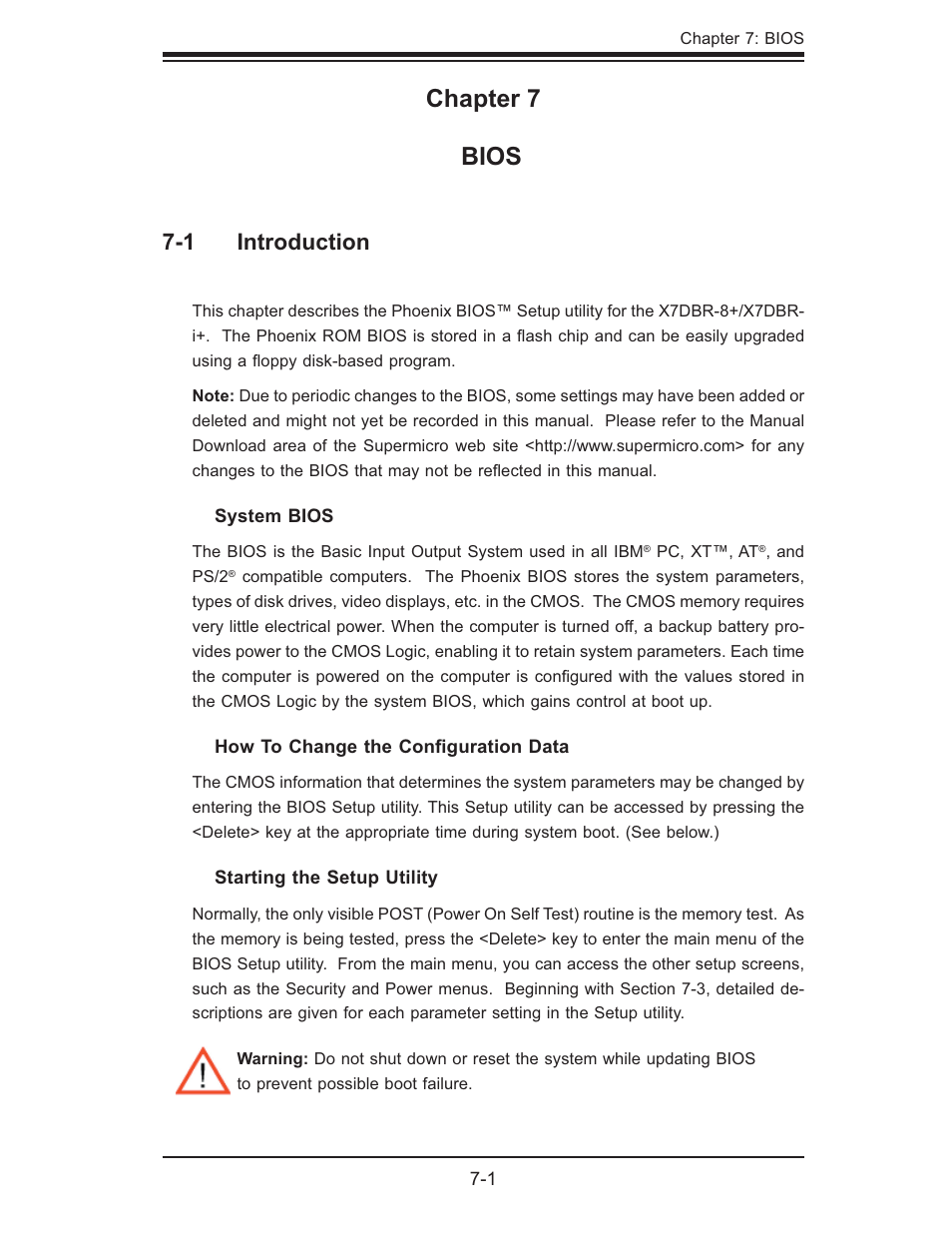 Chapter 7 bios, 1 introduction | SUPER MICRO Computer SUPERSERVER 6015B-T User Manual | Page 73 / 124