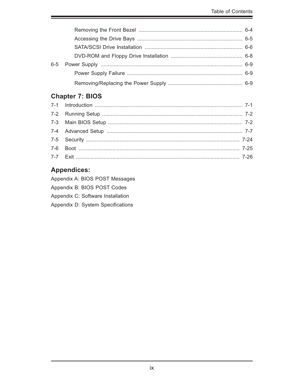 Chapter 7: bios, Appendices | SUPER MICRO Computer SUPERSERVER 6015B-T User Manual | Page 9 / 124