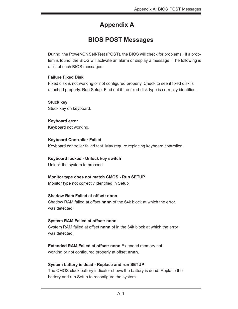 Appendix a bios post messages | SUPER MICRO Computer SUPERSERVER 6015B-T User Manual | Page 99 / 124