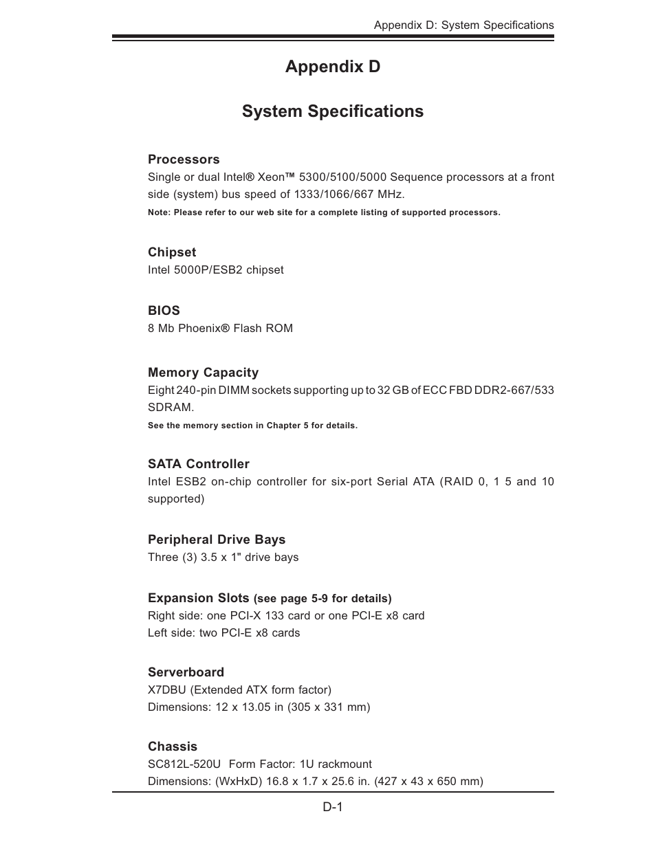Appendix d system speciﬁ cations | SUPER MICRO Computer 6015B-Ni User Manual | Page 119 / 120