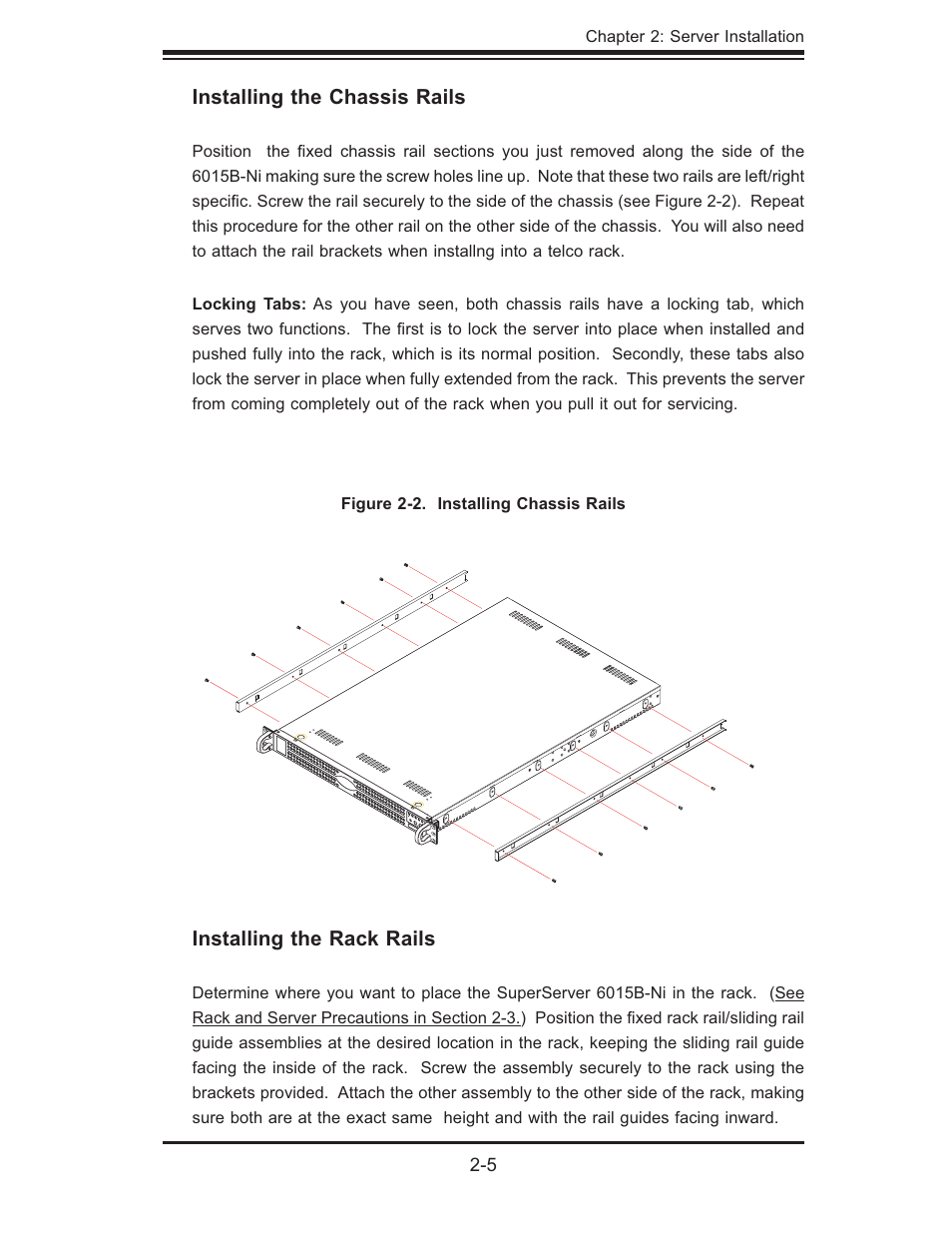 Installing the chassis rails, Installing the rack rails | SUPER MICRO Computer 6015B-Ni User Manual | Page 21 / 120