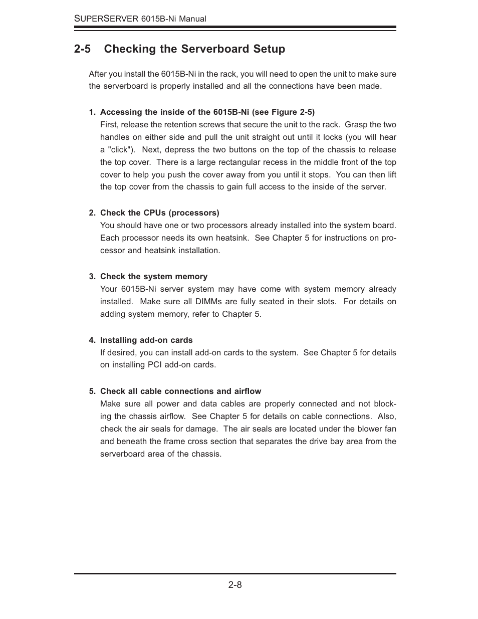 5 checking the serverboard setup | SUPER MICRO Computer 6015B-Ni User Manual | Page 24 / 120