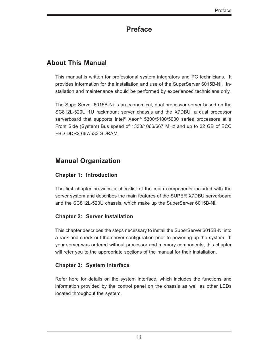 Preface, About this manual, Manual organization | SUPER MICRO Computer 6015B-Ni User Manual | Page 3 / 120