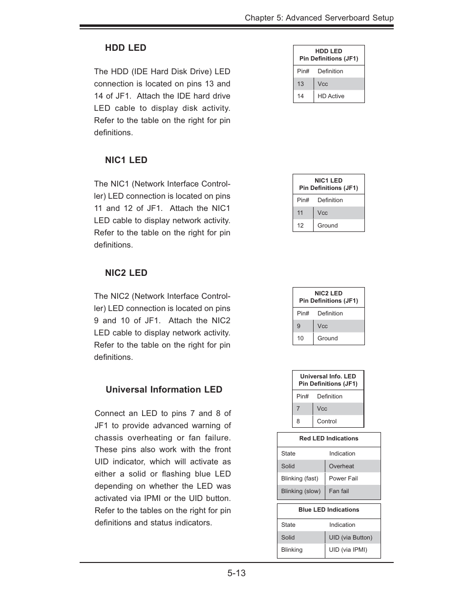 13 nic1 led, Nic2 led, Hdd led | Universal information led | SUPER MICRO Computer 6015B-Ni User Manual | Page 47 / 120