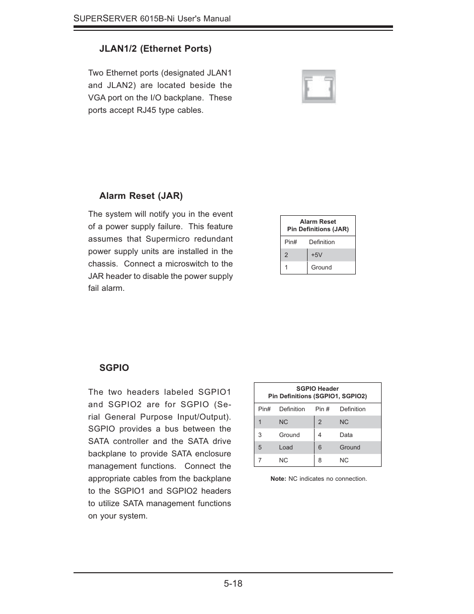 18 s, Jlan1/2 (ethernet ports), Sgpio | Alarm reset (jar) | SUPER MICRO Computer 6015B-Ni User Manual | Page 52 / 120