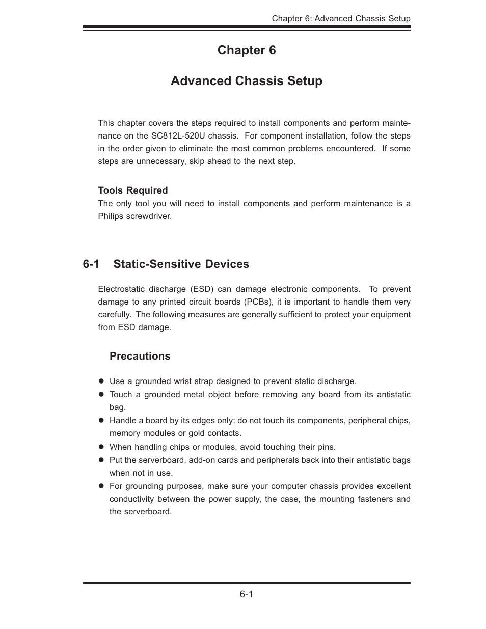 Chapter 6 advanced chassis setup, 1 static-sensitive devices | SUPER MICRO Computer 6015B-Ni User Manual | Page 59 / 120