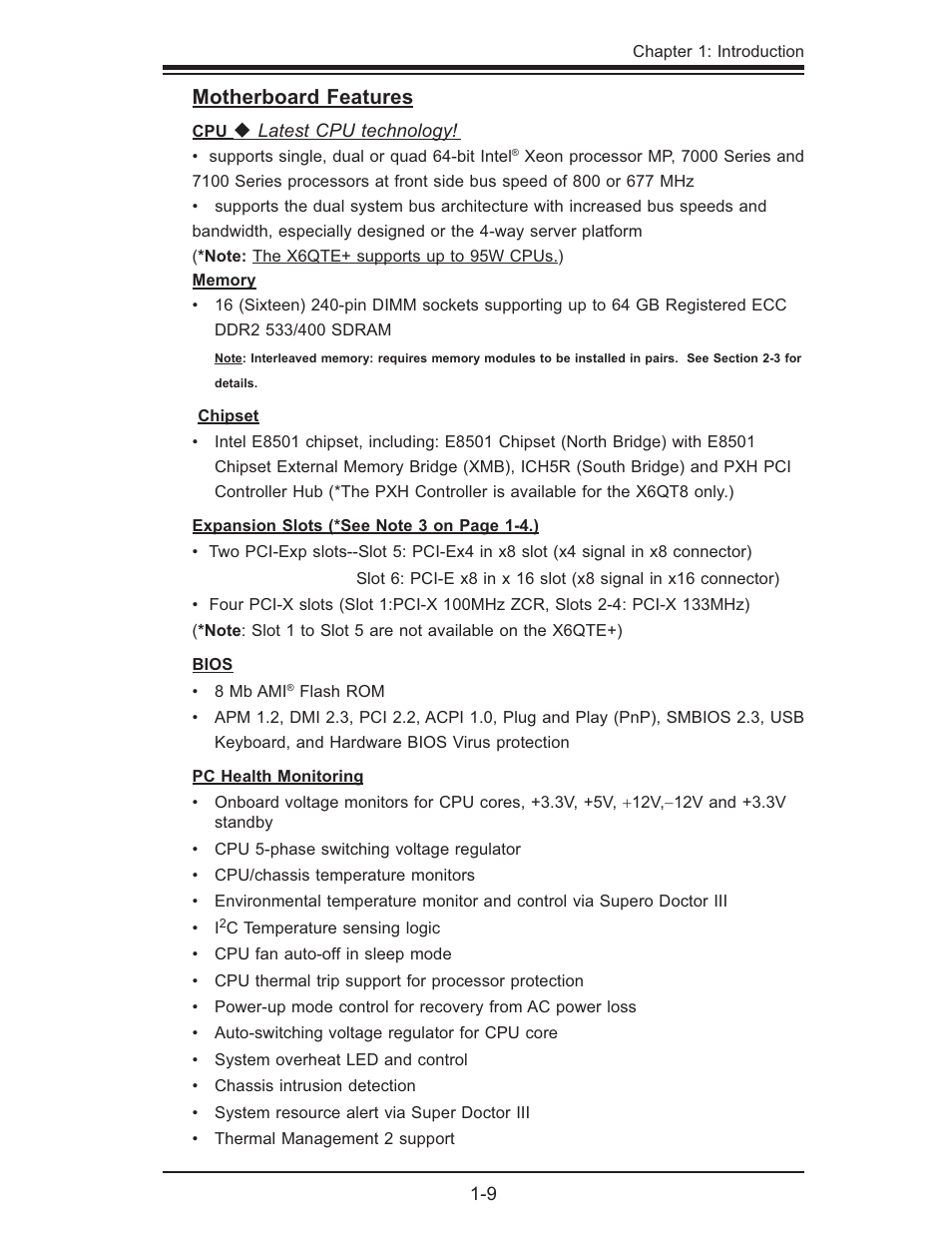 Motherboard features | SUPER MICRO Computer X6QTE+ User Manual | Page 15 / 110