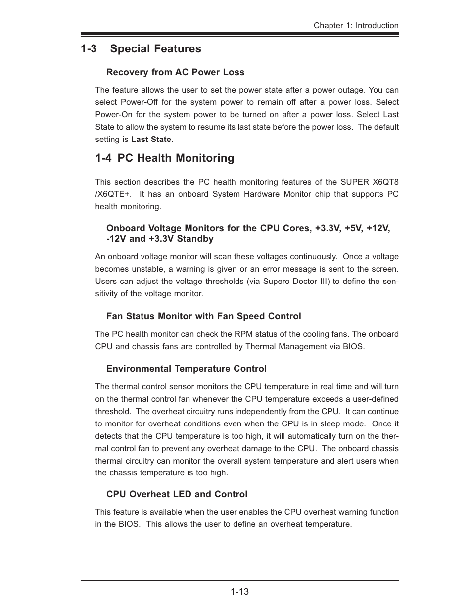 3 special features, 4 pc health monitoring | SUPER MICRO Computer X6QTE+ User Manual | Page 19 / 110
