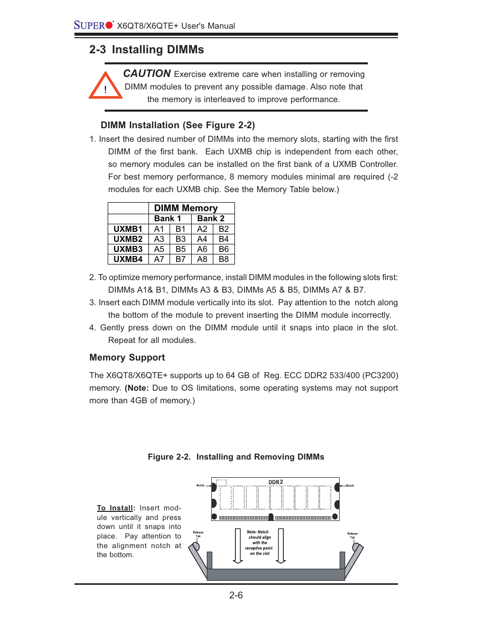3 installing dimms | SUPER MICRO Computer X6QTE+ User Manual | Page 28 / 110