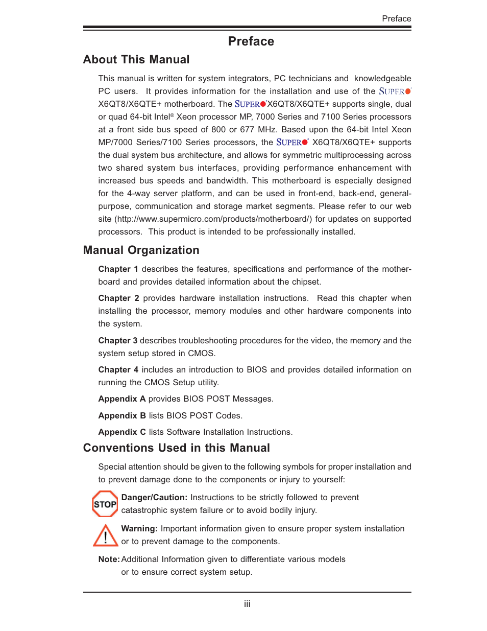 Preface, About this manual, Manual organization | Conventions used in this manual | SUPER MICRO Computer X6QTE+ User Manual | Page 3 / 110
