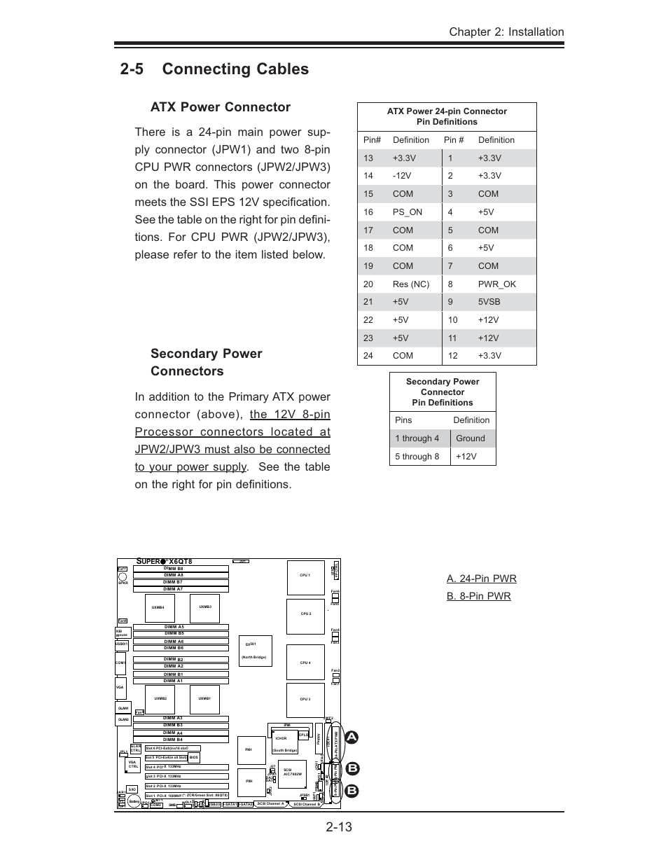 5 connecting cables, Atx power connector, Secondary power connectors | Chapter 2: installation, A. 24-pin pwr b. 8-pin pwr | SUPER MICRO Computer X6QTE+ User Manual | Page 35 / 110