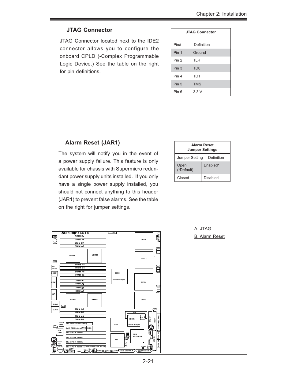 Jtag connector, Alarm reset (jar1), Chapter 2: installation | A. jtag b. alarm reset | SUPER MICRO Computer X6QTE+ User Manual | Page 43 / 110