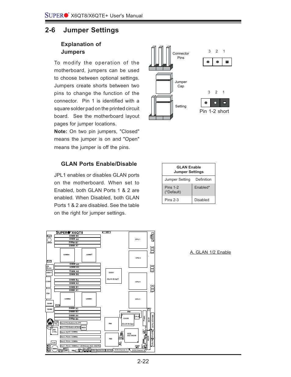 6 jumper settings, Explanation of jumpers, Glan ports enable/disable | X6qt8/x6qte+ user's manual, Pin 1-2 short, A. glan 1/2 enable | SUPER MICRO Computer X6QTE+ User Manual | Page 44 / 110